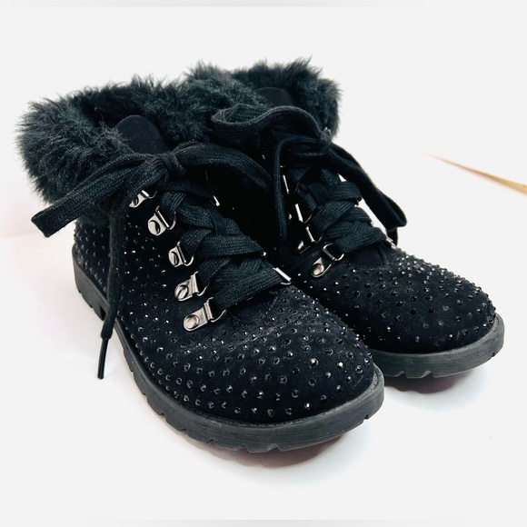 Justice Other - Justice Girls Black Faux Fur Studded Ankle Boots Size 3 Combat Style